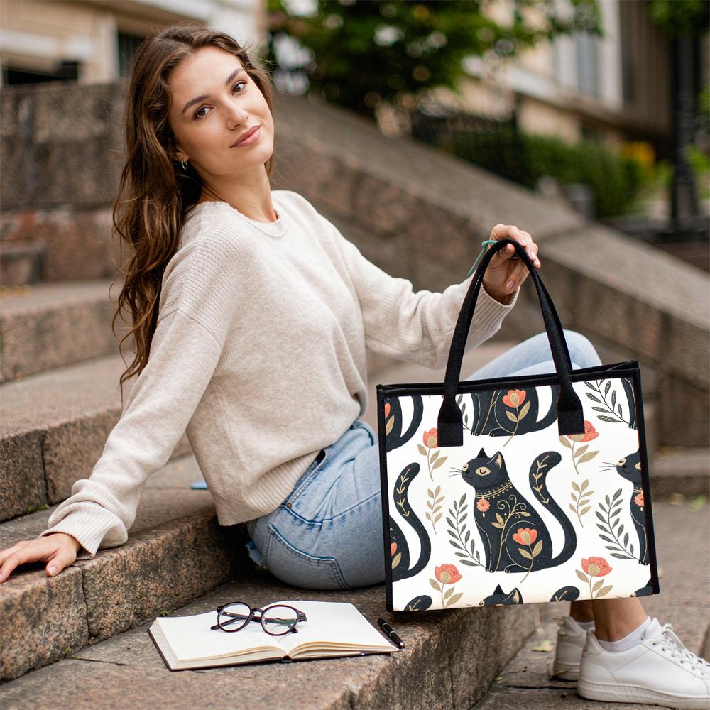 Folk Black Cat Pattern Tote Bag Daily Large Capacity Durable Casual Shopping Shoulder Handbag
