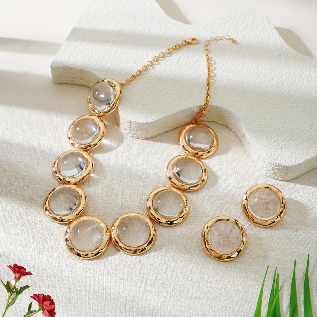 3-Piece Stylish and Simple Style Geometric Round Inlaid Transparent Faceted Acrylic Women's Necklace Stud Earrings Set