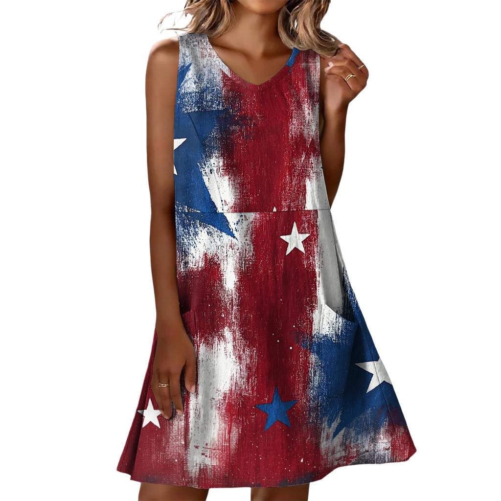 Sommerkleider für Damen Locker Strandurlaub Lässig Ärmellos V-Ausschnitt Sonnnenkleider Mit Taschen Trägerkleid