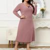 Women's casual long dress with long sleeves V-neck solid color wood earrings plus size dress