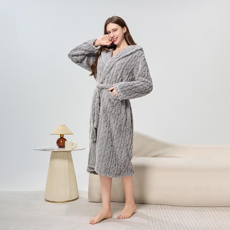 Bademäntel mit Kapuze aus Jacquard-Fleece für Damen und Herren – Warme, dicke lange Roben für Herbst und Winter