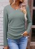 Women's V Neck Long Sleeve Knit Top Ruched Side Solid Color Textured Casual Basic T Shirt Fall Fashion Blouse