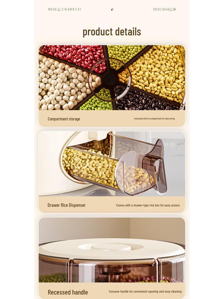 Rotatable Household Rice and Grain Storage Box: Insect & Moisture-Proof, Sealed, Compartmented Bucket