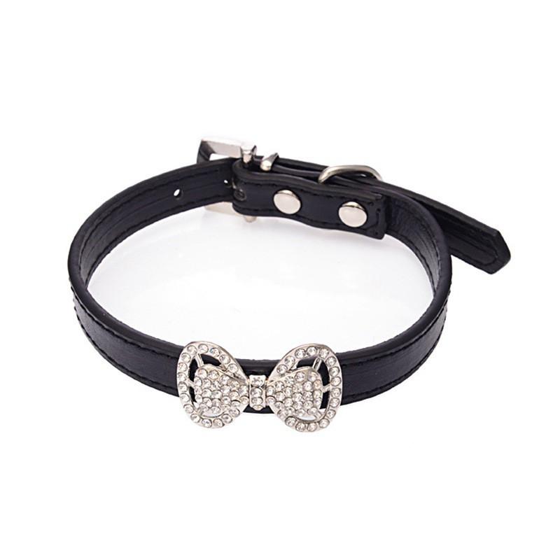 Small Dog Collar Bling Rhinestone Bow PU Leather Pet Necklace Poodle Pomeranian