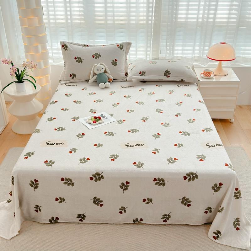 3Pcs Botanical Floral Style Bed Sheet Set Flannel Bed Sheets for Fall and Winter Luxury Super Soft Cozy Queen Size Bedding Set