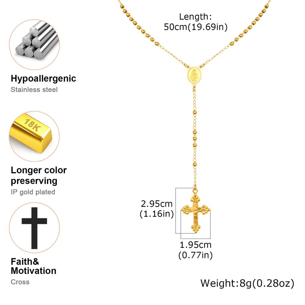 Stainless Steel Prayer Beads Rosary Necklace with Cross Pendant, Y-Shaped Long Chain Virgin Mary Necklace, Religious Jewelry