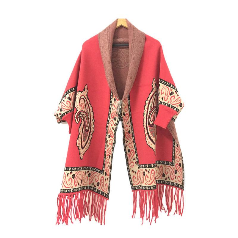 Sleeved Ethnic-style Shawl Cheongsam with Paisley Pattern for Women, Autumn and Winter Warm Cashmere Red Scarf Cape Coat with Tassels