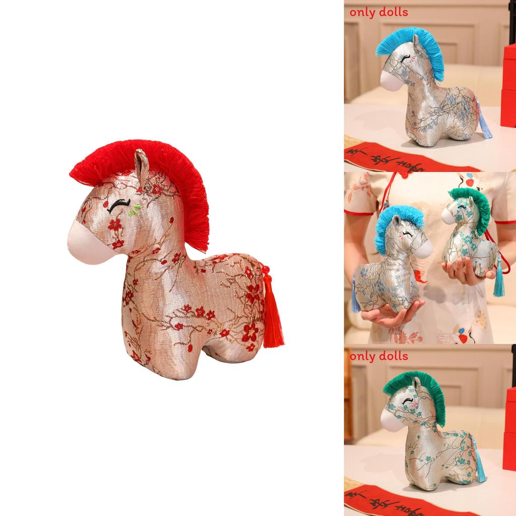 Traditional Horse Plush Toy With Flower Print Design And Tassel Decor For New Year Gifts And Celebrations
