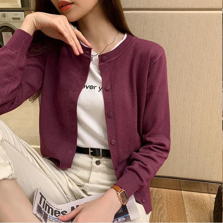 Women Spring Autumn Round Neck Casual Cardigans Knitted Cardigan Jacket Solid Color Slim Jumpers Female