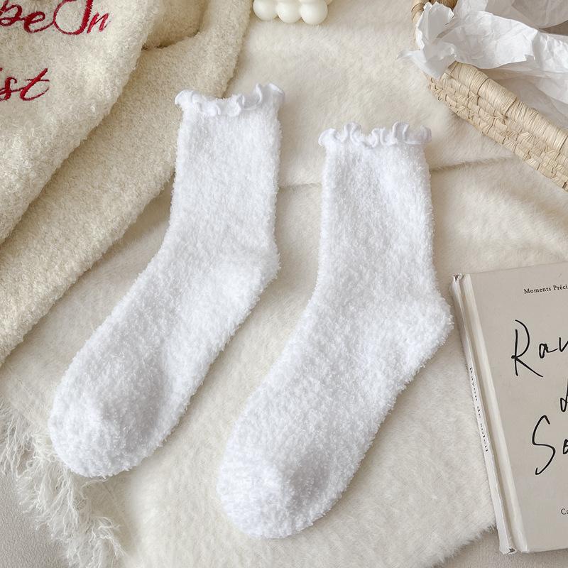 Fungus Edge Coral Fleece Socks Women'S Winter Warm Feet Thickened Warm Medium Tube Home Floor Socks Lace Solid Color Women'S Socks