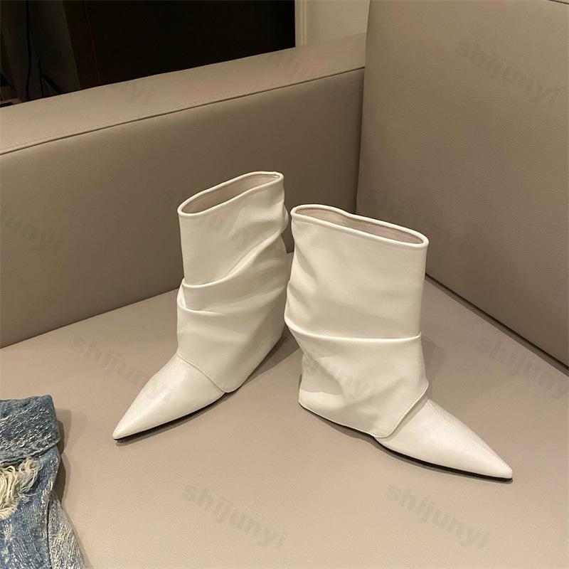 Women Pu Leather High-heel Boots Pointed Toe Autumn Comfortable Anti Slip Outdoor Fashion Short Boot Retro Anti Slip Botas Mujer