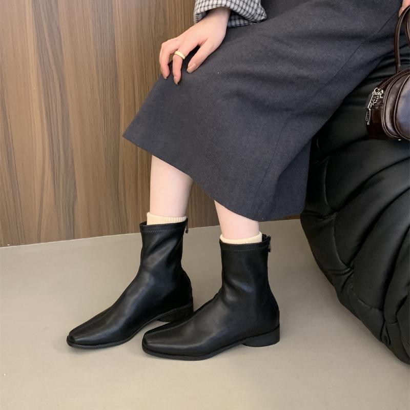 Vintage Damen Stiefeletten mit niedrigem Absatz und eckiger Spitze, gemütlich weiches Leder, Party, schlank, kurz, Herbst Winter Damenschuhe