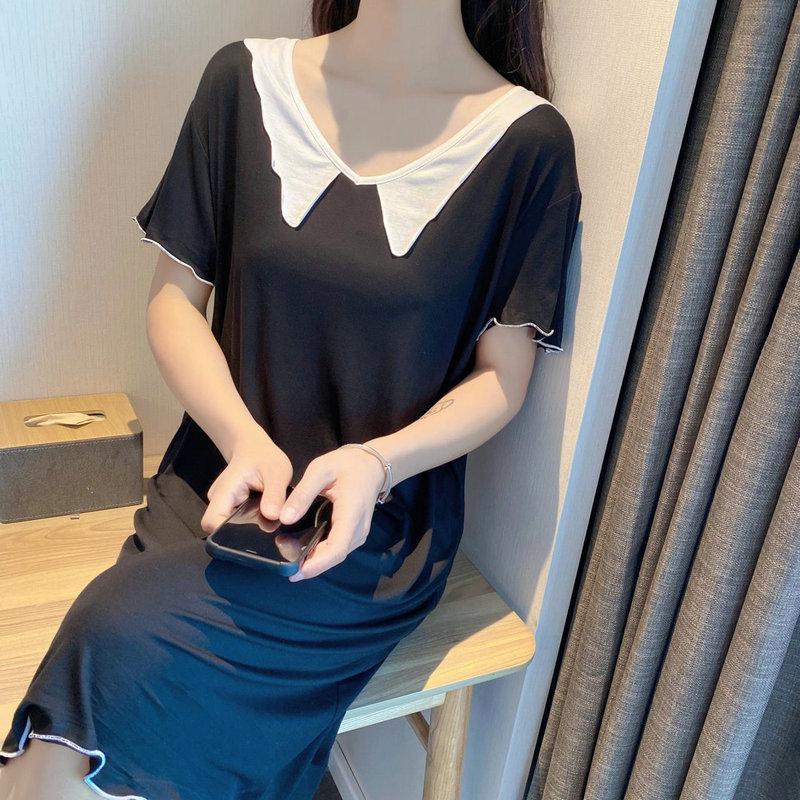 Modal Cotton Doll Collar Nightdress - Short Sleeve, Medium-Long, Loose Fit for Women
