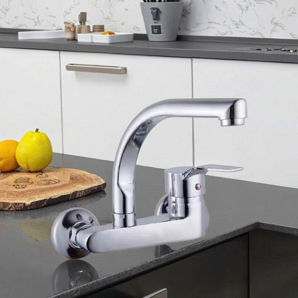 Modern Single Handle Wall-Mounted Kitchen 360 Degree Rotation Zinc Alloy Polished Mixer Tap Ceramic Valve Core Single Hole