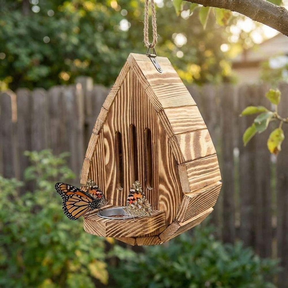 Rustic Wood Butterfly Bee House Teardrop Shaped Butterfly Habitat Shelter Patio Decor