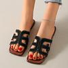 Women's Hollow Out Flat Slides, Retro Square Open Toe Summer Shoes, Casual Outdoor Beach Slides