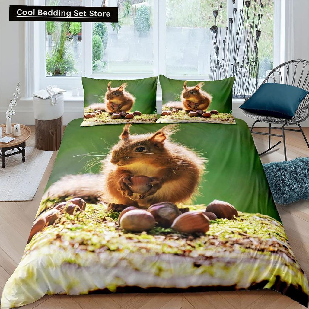3D Squirrel King Queen Duvet Cover Soft Wildlife Green Leaves Bedding Set for Kids Teens Adults 2 3pcs