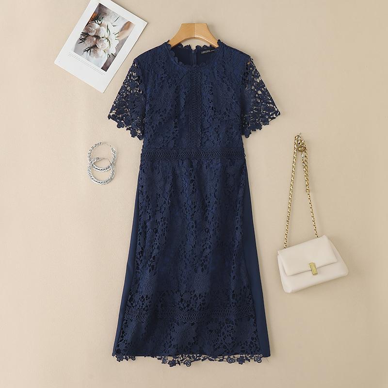 

ZANZEA Женское Элегантное Повседневное Платье Пэчворк С Полым Кружевом и Вышивкой, Короткий Рукав 3XL тёмно-синий