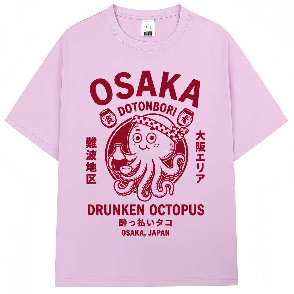 Japanese Style Osaka Drunken Octopus Graphic Tshirt Unisex Unisex Dotonbori Vintage Tshirts Loose Cotton T Shirts Streetwear Gifts