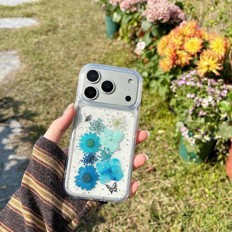 Glitter Real Flower Dried Flower Mobile Phone Case For Iphone17 Transparent Apple 16Promax Chrysanthemum Butterfly 15