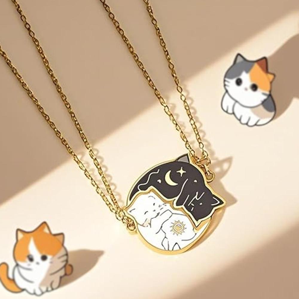 2 Stück Edelstahl Schwarz Weiß Katze Halskette Liebe Umarmung Katze Passende Partner Halsketten BFF Schmuck für Frauen Freundin