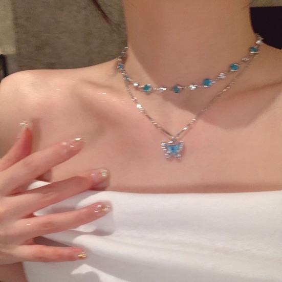Blue Butterfly Necklace Women Rhinestone Choker Butterfly Pendant Necklace for Daily Wear Summer Party Date Beach