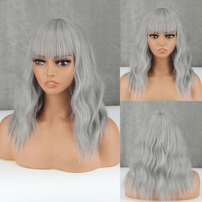 Short Curl Wig Middle Long Natural Wave Hair Synthetic Wigs with Bangs for Women Gray Wig Cosplay Party Wig