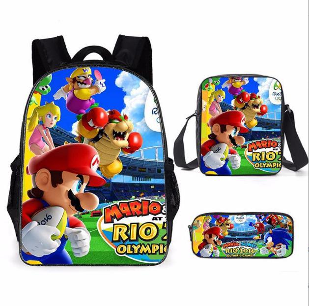 Mario, Schooltas Basisschool en Middelbare School, Rugzak voor Kinderen, Cartoon Rugzak. three-piece set