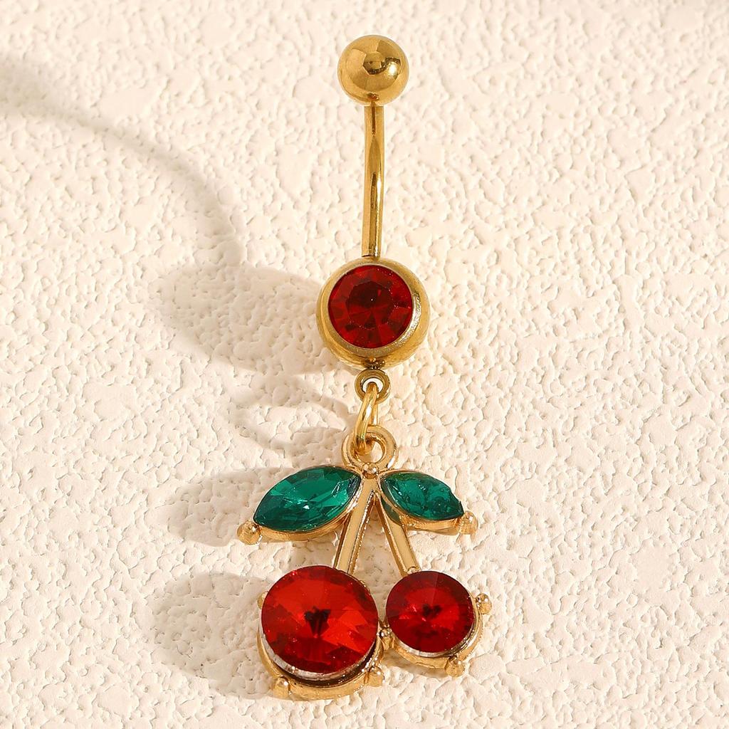 Charming Cherry Strawberry Drip Belly Button Ring: Colorful Red Diamond Fruit Pendant, Stainless Steel Navel Piercing Accessory.