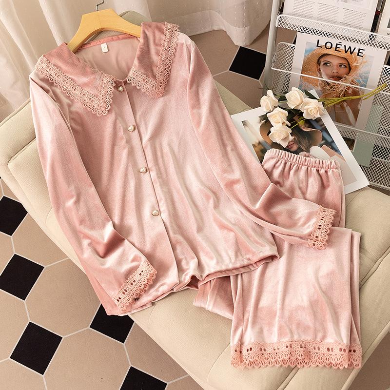 Velvet Lapel Pajamas Women's Sexy Lace Edging Sleepwear Loose Casual Home Wear Long Sleeved Cardigan Pants Two Piece Loungewear