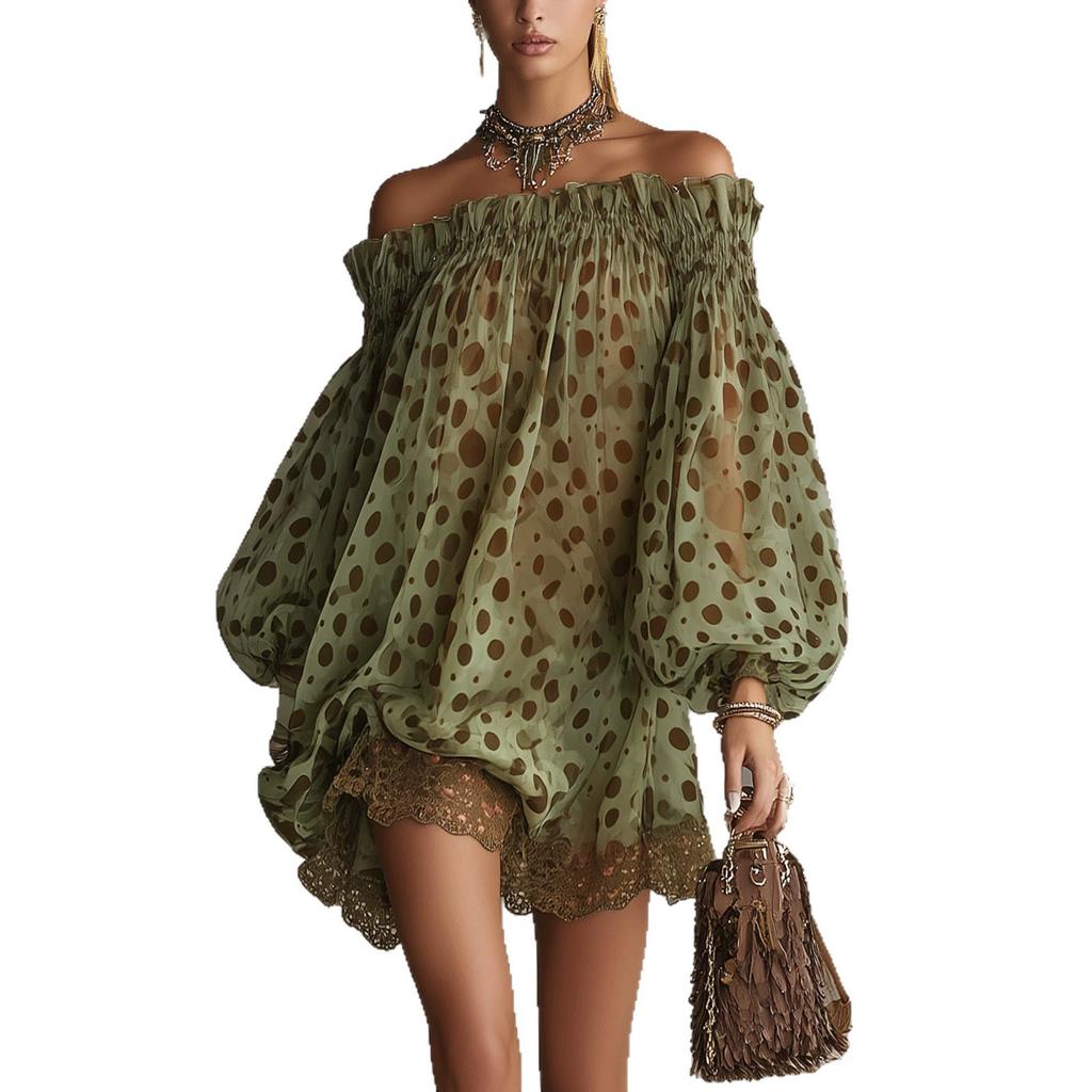 European and American independent station summer new off-the-shoulder polka dot chiffon bubble sleeve dress seaside vacation style