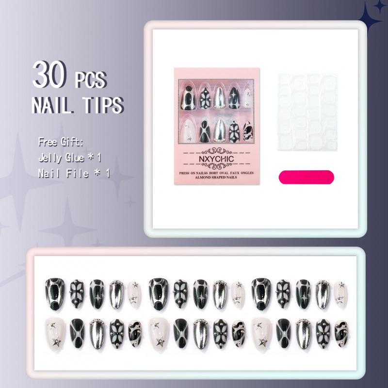 30Pcs Daily Dark Punk Almond Press On Nails, Star Gold Foil Silver Line Cool Stylish Finished False Nail Tips