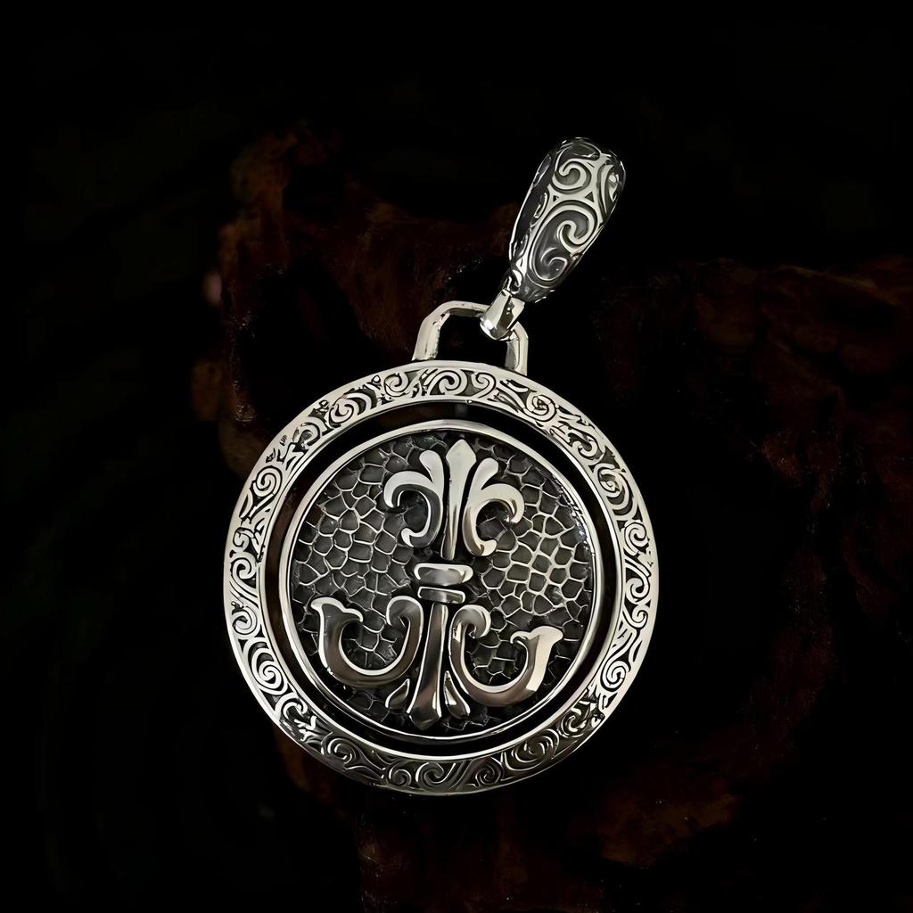 Sterling Silver Rotatable Nautical Compass Anchor Pendant - Double-Sided Arabesque Design for Men & Women