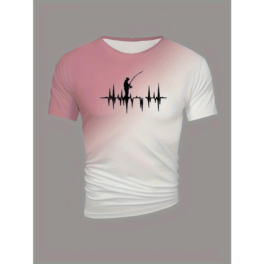 Vibrant Style| Big & Tall Men's Gradient Fishing Graphic Tee - Casual Polyester Short Sleeve, Summer Print with Heartbeat Fishing Gear, PLUS SIZE