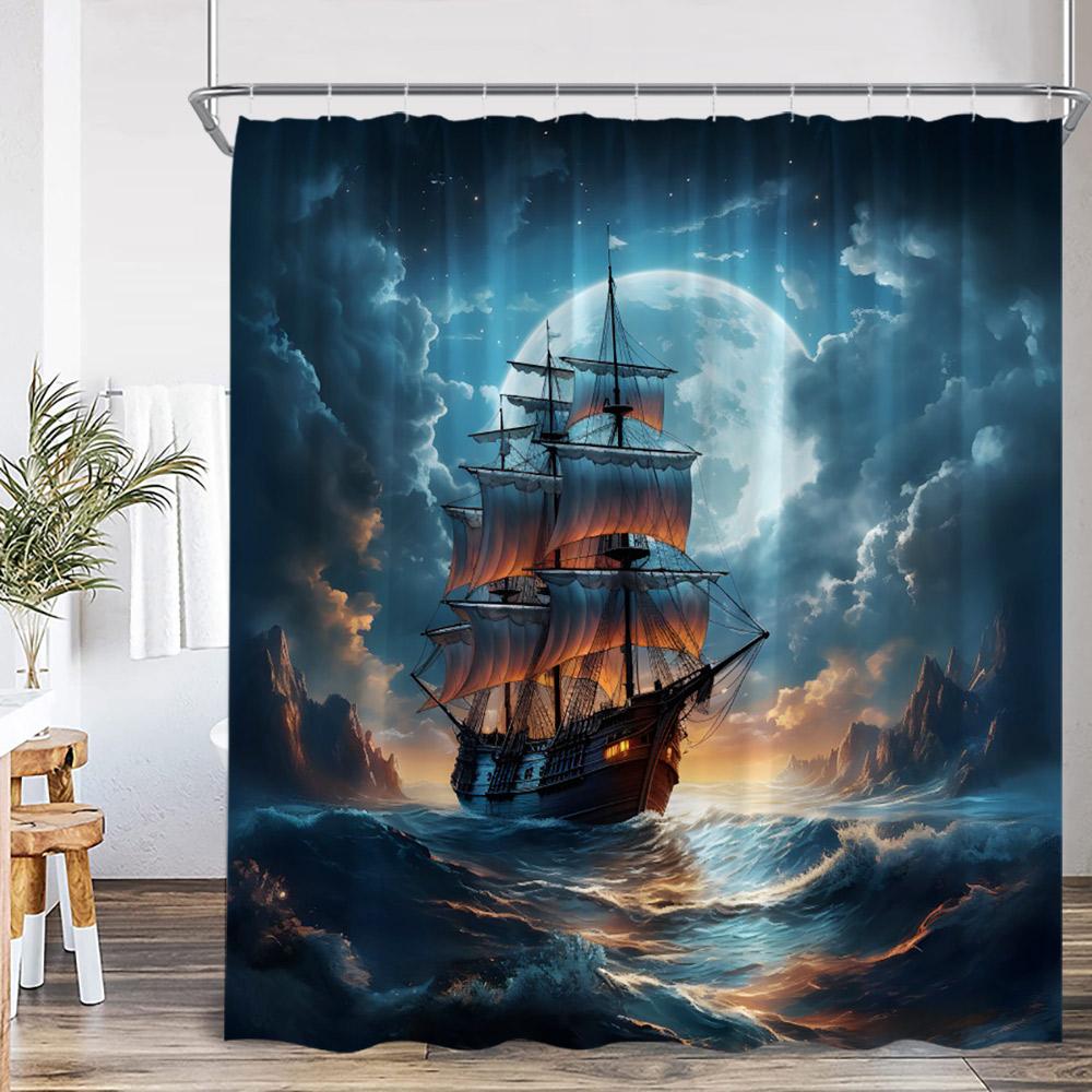 Celestial Moon Shower Curtain Starry Night Cloud Sea Ocean Sailboat Space Bathroom Decor Cresent Full Moon Bath Cutain With Hook