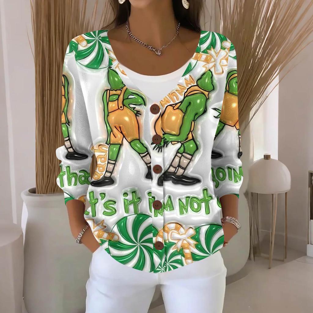Women's Fashion Casual Knit Sweater Button-Up Christmas Print Cardigan Jacket