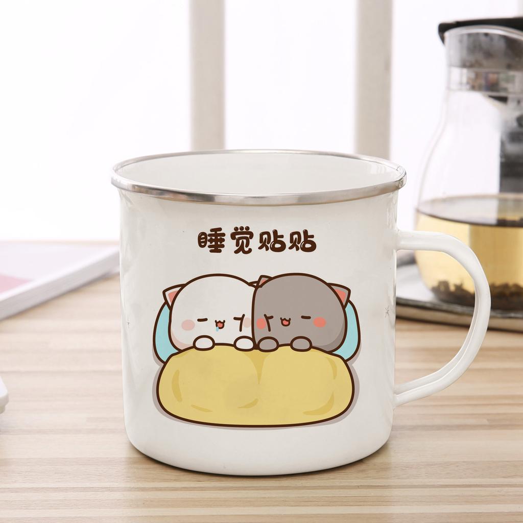 New Peach and Goma Cat Enamel Coffee Tea Cup Cute Animal Breakfast Dessert Milk Water Cup Couple Gift Original Breakfast Cups