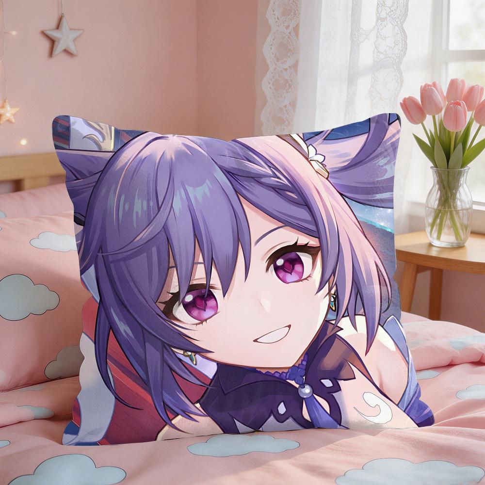 Keqing Genshin Impact Cushion Cover Square Short Plush Pillow Case Living Room Sofa Home Decor Funda X
