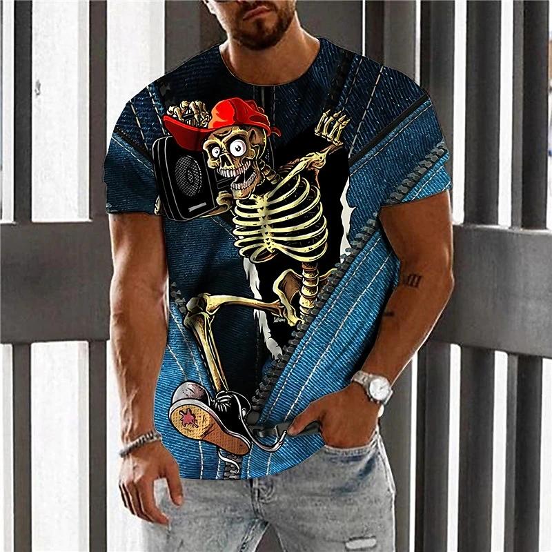 Summer Round Neck 3D Vintage Horror Skull Print Top Fashionable Casual Short Sleeved Men's T-shirts