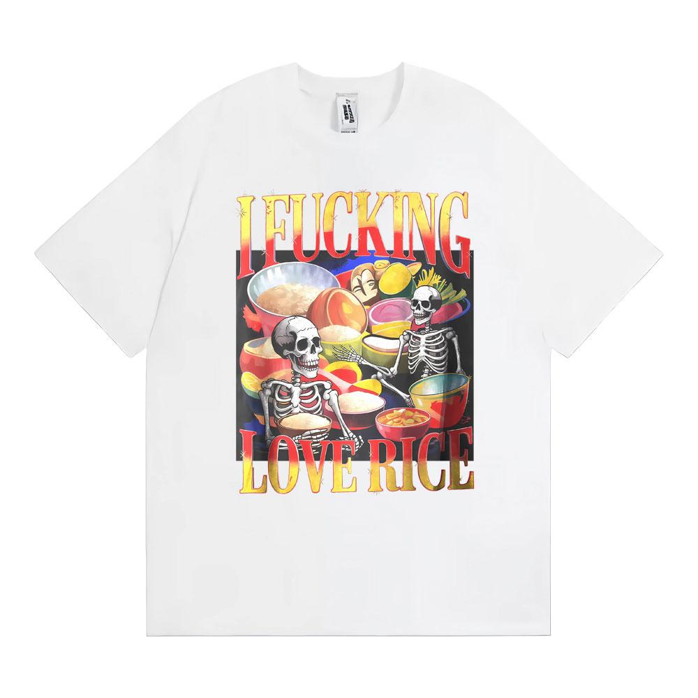 Funny Skeleton Rice Lover Edgy Foodie Meme Graphic Tee Shirt Unisex Women Retro High Quality Summer Tshirts Cotton Classic T Shirt