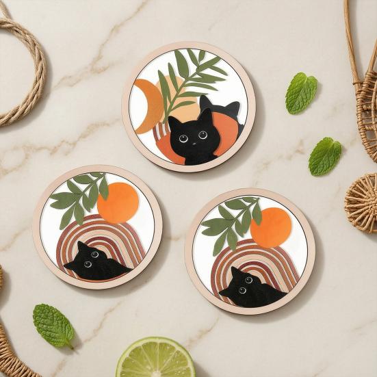 4Pcs Healing Black Cat Wooden Coaster, Creative Heat Insulation Mat, Anti Slip Thickened Desk Protector for Coffee Cup