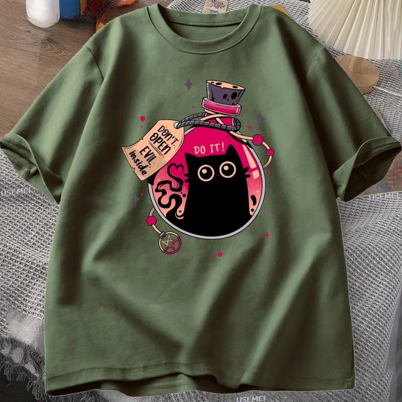 Bottled Evil Black Cat Tshirt Trendy Cotton Summer Tshirt Loose ShortSleeved Cat Design Clothes Unisex WOMEN Streetwear Clothes