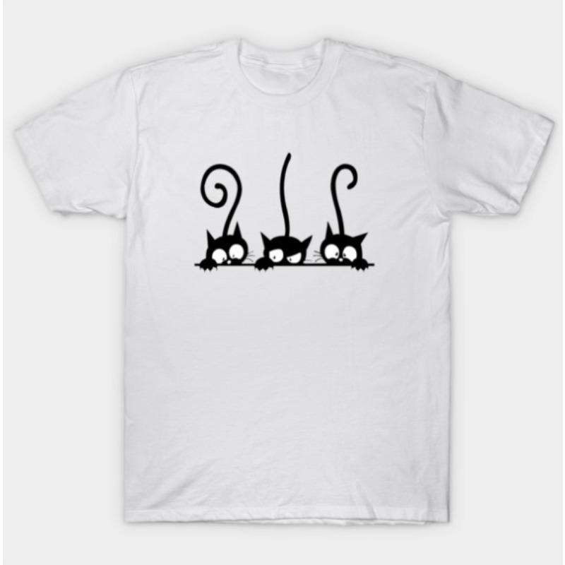 Drei niedliche Cartoon-Katzen mit weißen Augen Grafikdruck T-Shirt Einfaches minimalistisches Design Lässige Kleidung für Katzenliebhaber für Männer