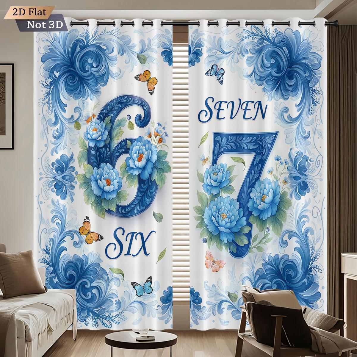 

2pcs Beautiful Blue Flowers 67 Element Printed Blackout Perforated Curtains Multi Size Living Room Bedroom Insulation Decoration 100*130 Grommet Top 1pcs