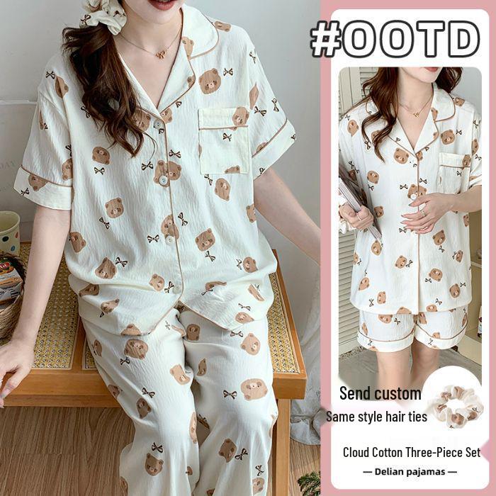 Women s Summer Cloud Cotton Cartoon Pajama Set - Short Sleeve, Lapel Cardigan, 3-Piece L - Standard