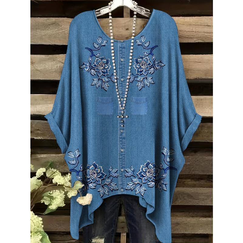 Vintage Floral Print Irregular Fashionable Short Sleeve T-Shirt for Women Women's Clothing Loose and Casual Oversized Top