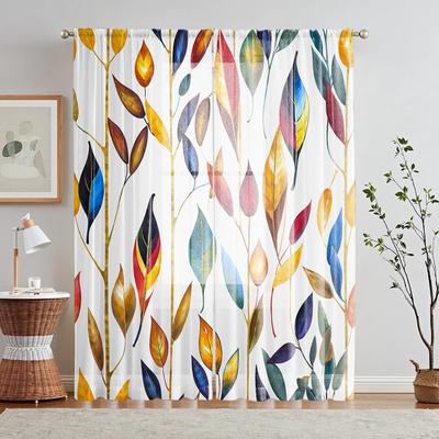 2 Piezas Cenefa de Ventana Estampada con Hojas Botánicas en Acuarela Digital HD Decoración de Estilo para el Hogar Decoración Sala de Estar Dormitorio