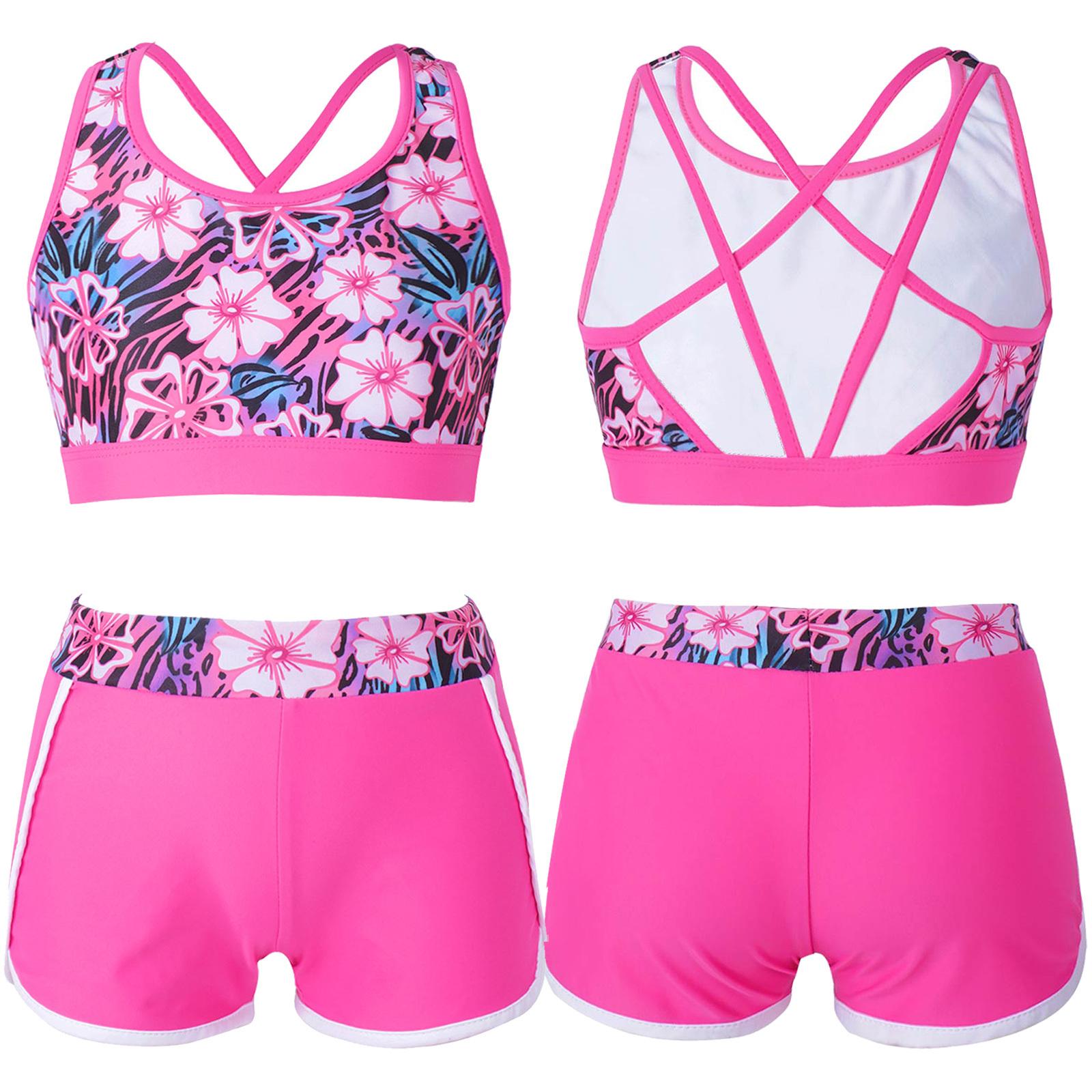 Tiaobug 2 stuks bedrukte badpakoutfit voor meisjes met U-hals, bandjes op de rug en crop top met boyshorts, shorts en broeken, badpak voor op het strand, zwembad, zwempak 13-14 Years
