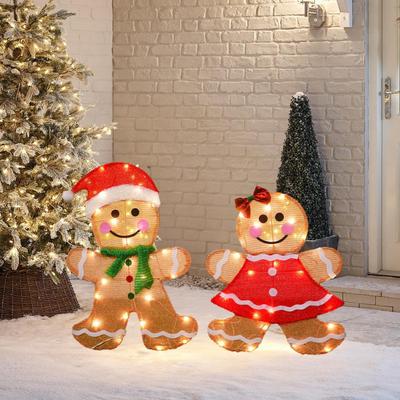 2 Piezas Letrero de Jardín Hombre de Jengibre Navideño Letrero de Niño y Niña de Jengibre Iluminado con Estaca para Decoración Exterior de Césped, Patio, Jardín