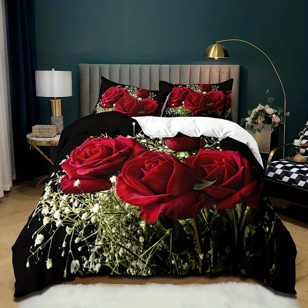 3pcs Romantic Red Rose 3D Printed Bedding Set Cozy Comfortable Duvet Cover King Queen Twin Size Birthday Gift Bedroom Decoration
